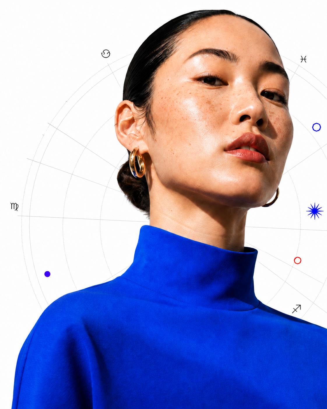 Beyond Your Sign editorial portrait with astrological chart